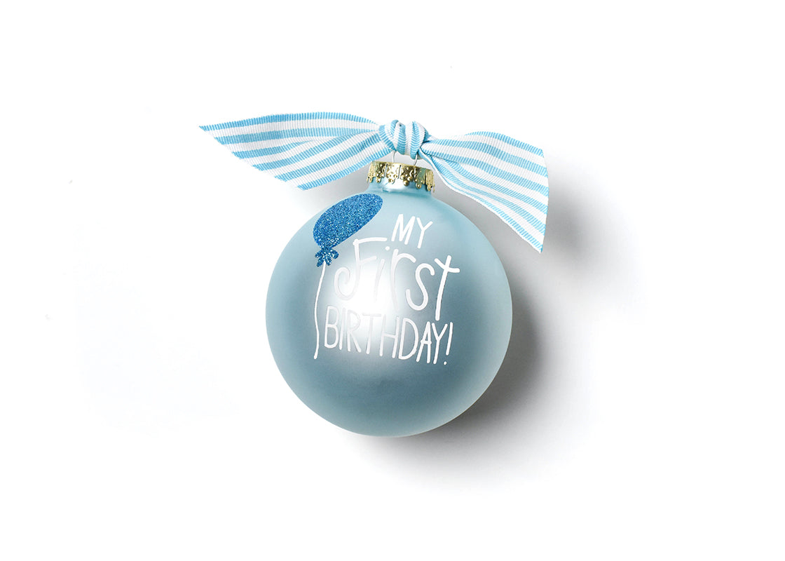 Front View of Blue My First Birthday Balloon Glass Ornament