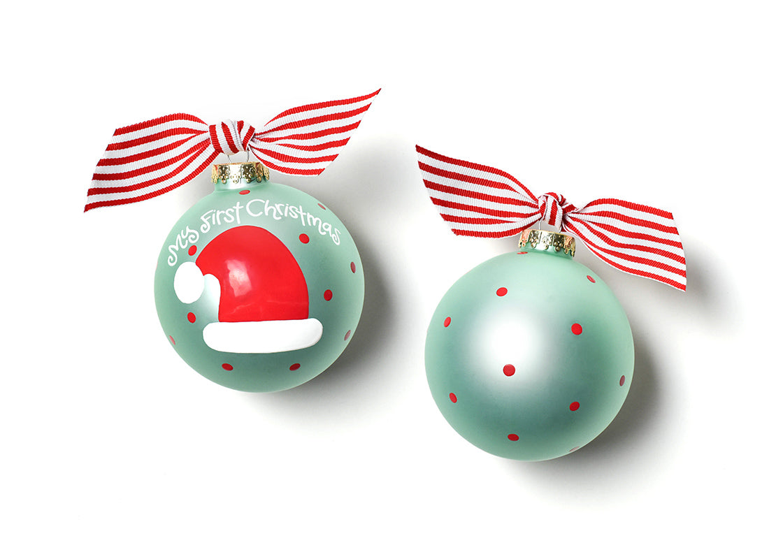 Front and Back View of Blue My First Christmas Hat Glass Ornament Placed Side by Side
