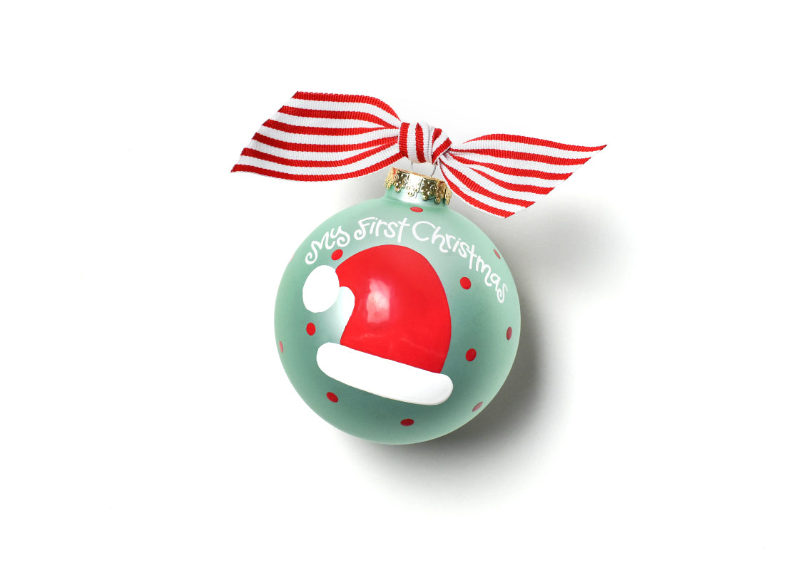 Front View of Blue My First Christmas Hat Glass Ornament