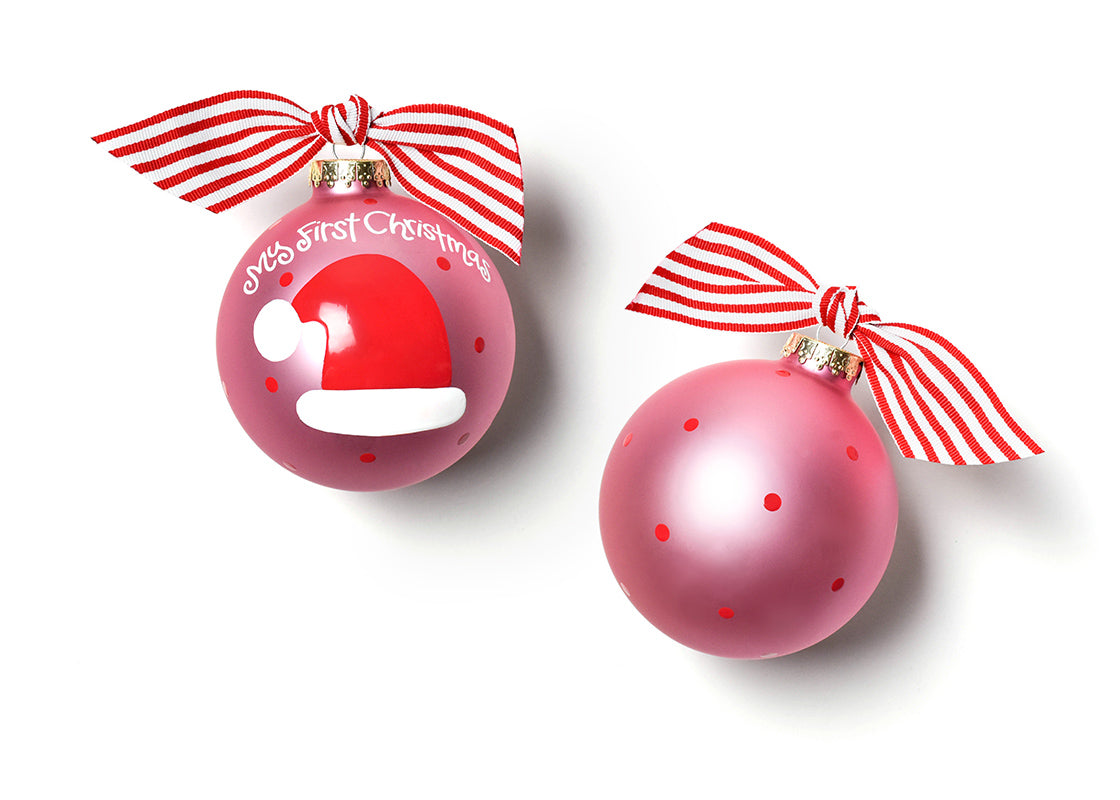 Front and Back View of Pink My First Christmas Hat Glass Ornament Placed Side by Side
