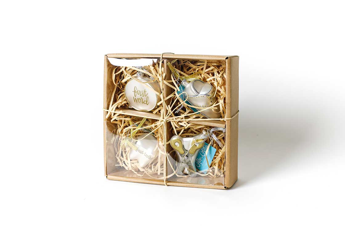Right Side View of Baby's First Milestones Glass Ornaments Set of 4 in Easy to Gift Packaging
