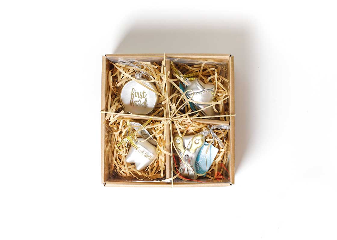 Front View of Baby's First Milestones Glass Ornaments Set of 4 in Easy to Gift Packaging