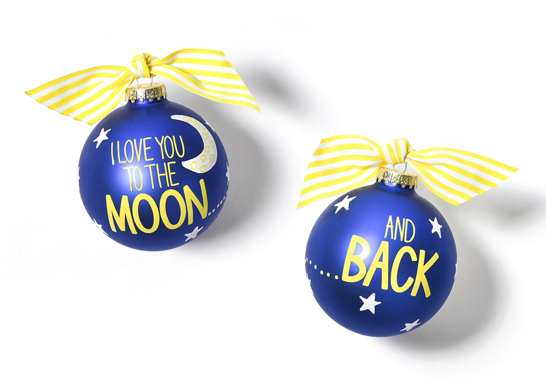Front and Back View of I Love You to the Moon and Back Glass Ornament Placed Side by Side