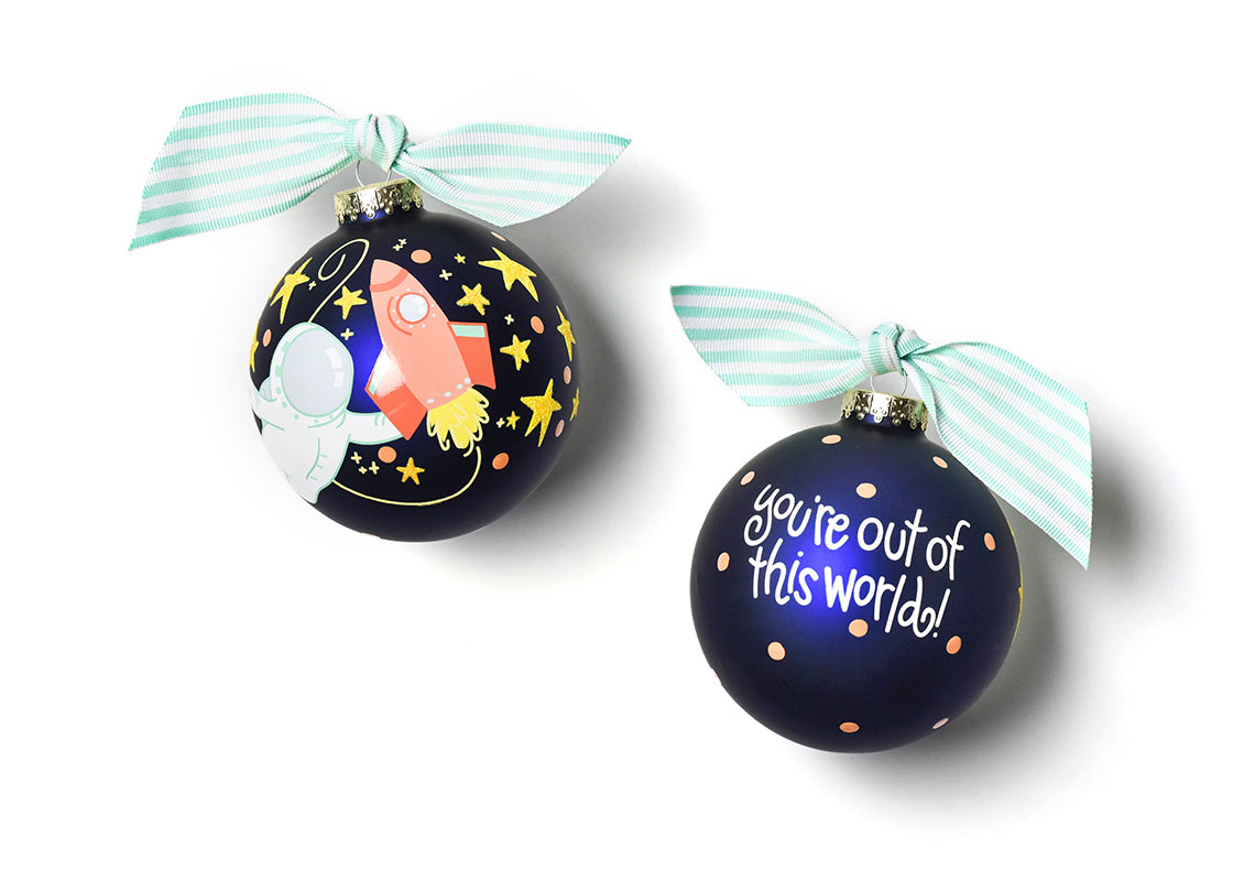 Front and Back View of Out in Space Glass Ornament Placed Side by Side