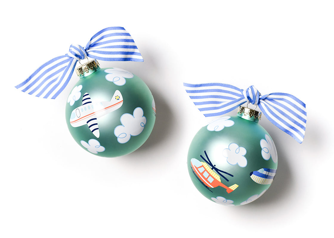 Front and Back View of Around the World Plane Glass Ornament Placed Side by Side