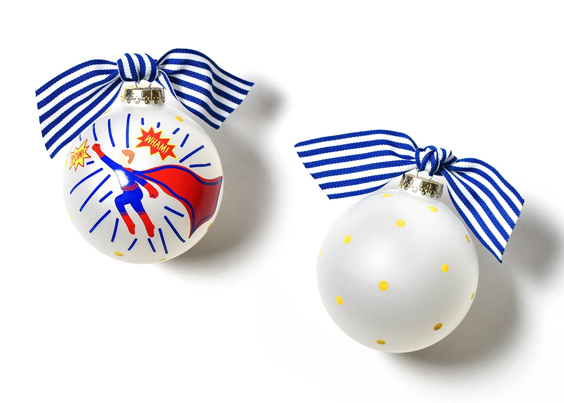 Front and Back View of Superhero Boy Glass Ornament Placed Side by Side