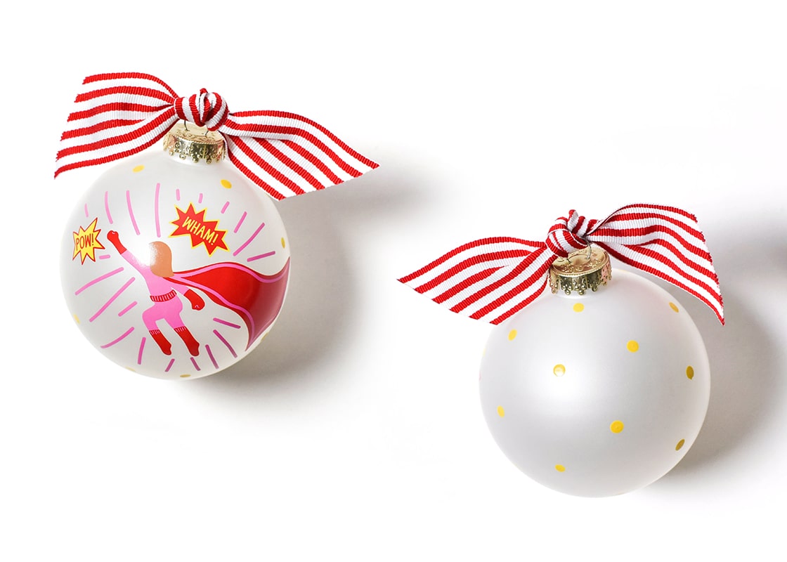 Front and Back View of Superhero Girl Glass Ornament Placed Side by Side
