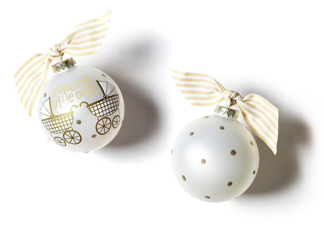 Front and Back View of Welcome Little Ones Glass Ornament Placed Side by Side