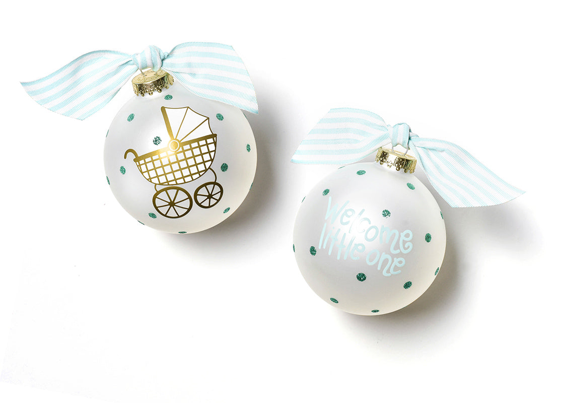 Front and Back View of Blue Welcome Little One Carriage Glass Ornament Placed Side by Side