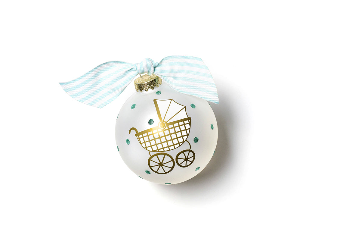 Front View of Blue Welcome Little One Carriage Glass Ornament