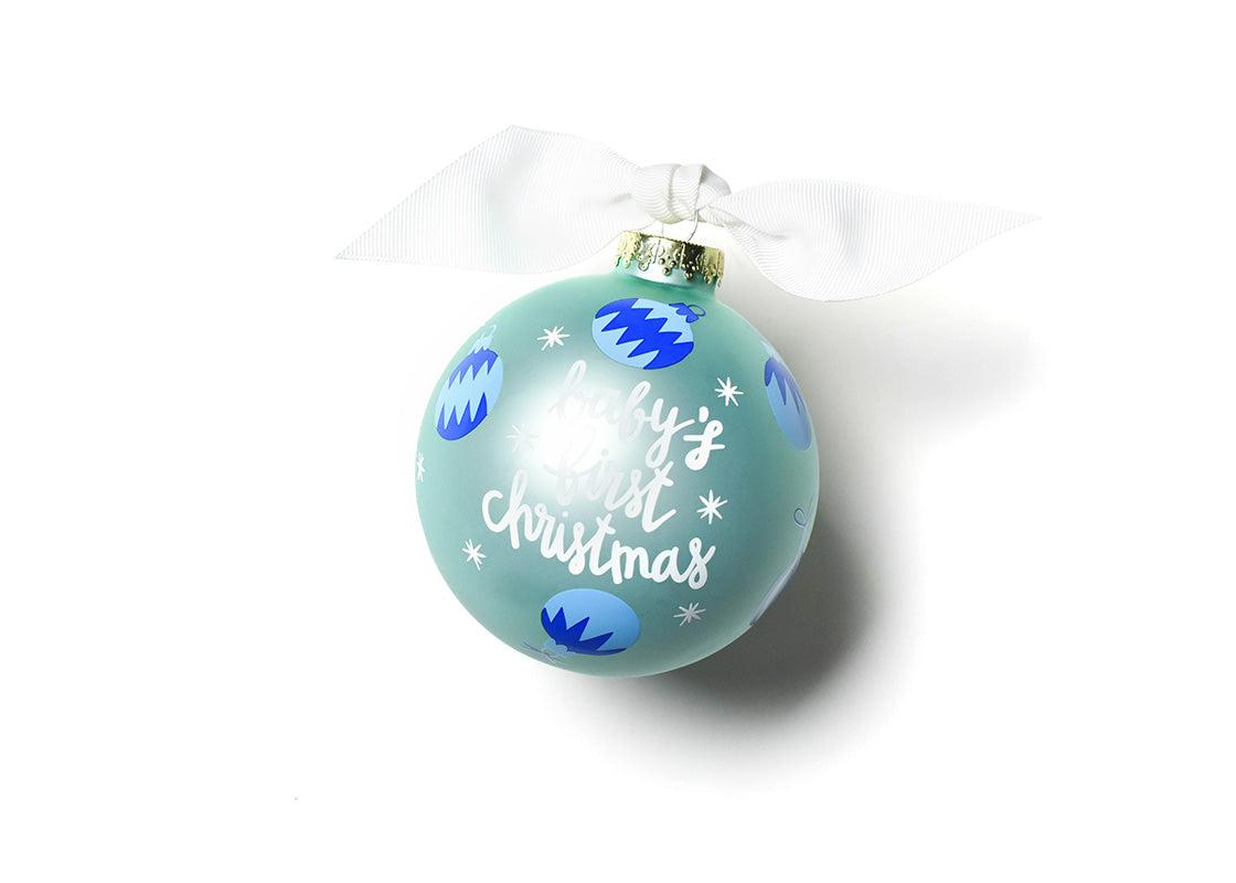 Front View of Blue Baby's First Christmas Glass Ornament