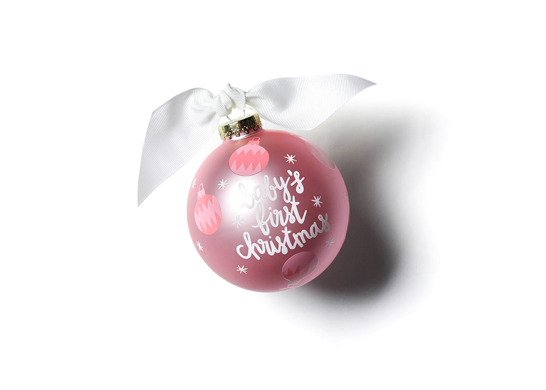 Front View of Pink Baby's First Christmas Glass Ornament