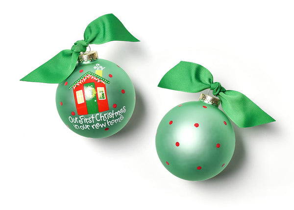 Light Green Background and Red Dots White Writing Our First Christmas New Home Ornament