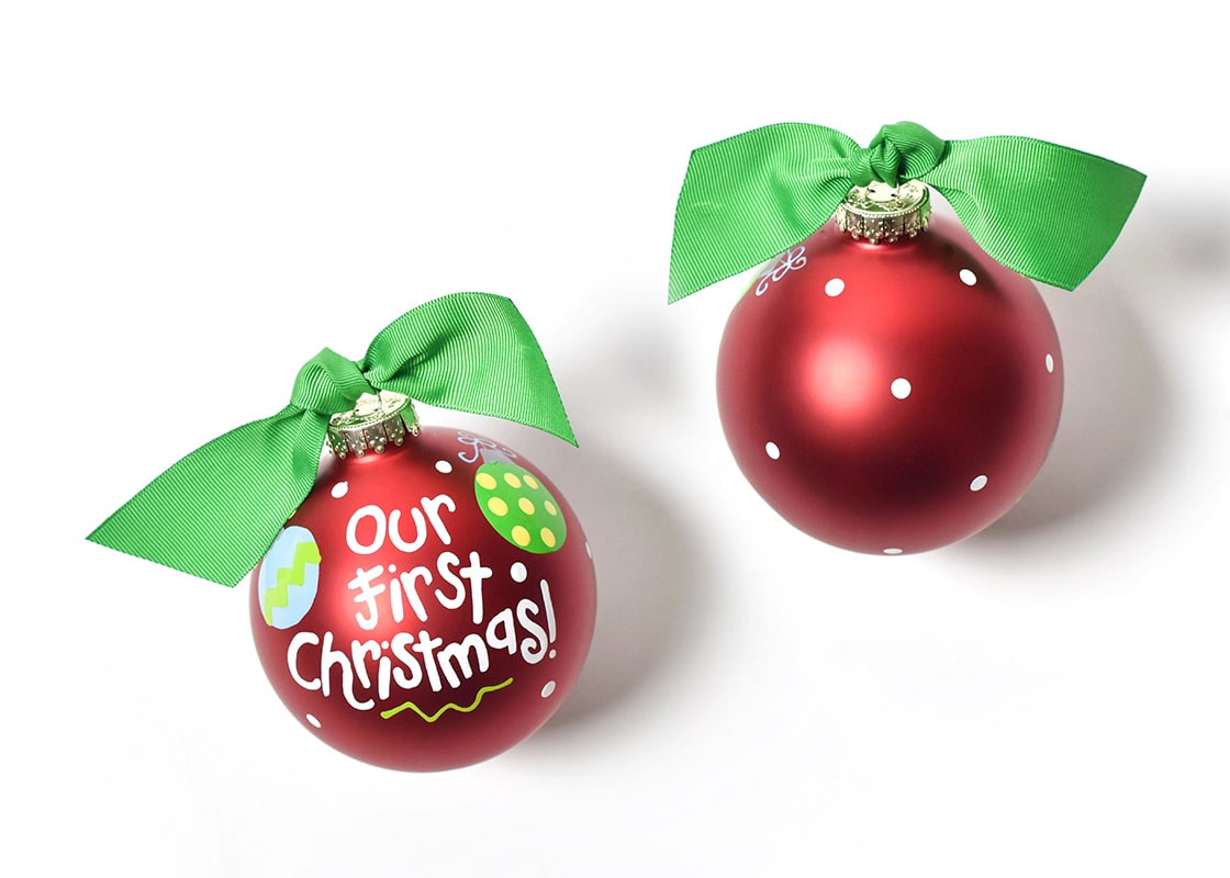 Front and Back View of Our First Christmas Glass Ornament Placed Side by Side