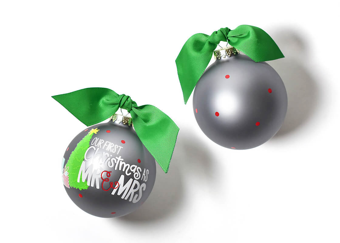 Front and Back View of Our First Christmas as Mr. & Mrs. Glass Ornament Placed Side by Side