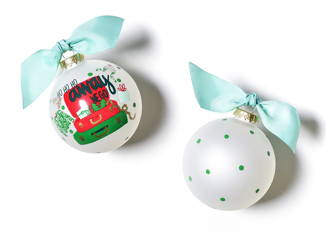 Front and Back View of Away We Go Glass Ornament Placed Side by Side