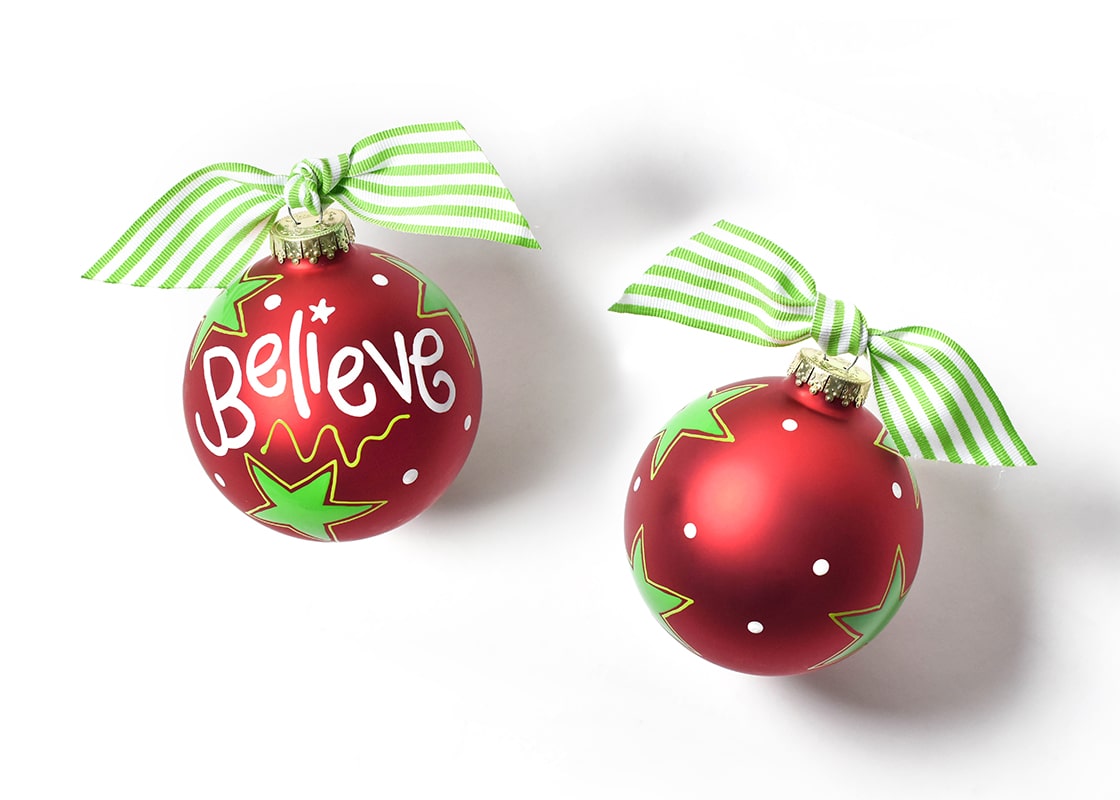 Front and Back View of Believe Christmas Glass Ornament Placed Side by Side