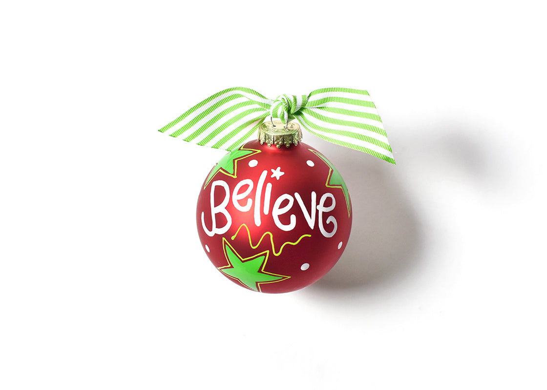 Front View of Believe Christmas Glass Ornament
