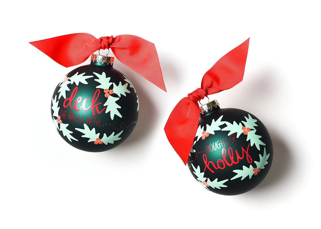 Front and Back View of Boughs of Holly Glass Ornament Placed Side by Side