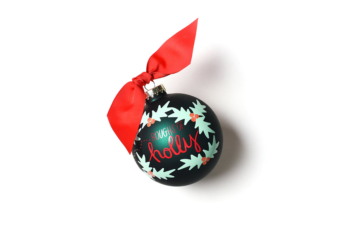 Back View of Boughs of Holly Glass Ornament Showing Design Details