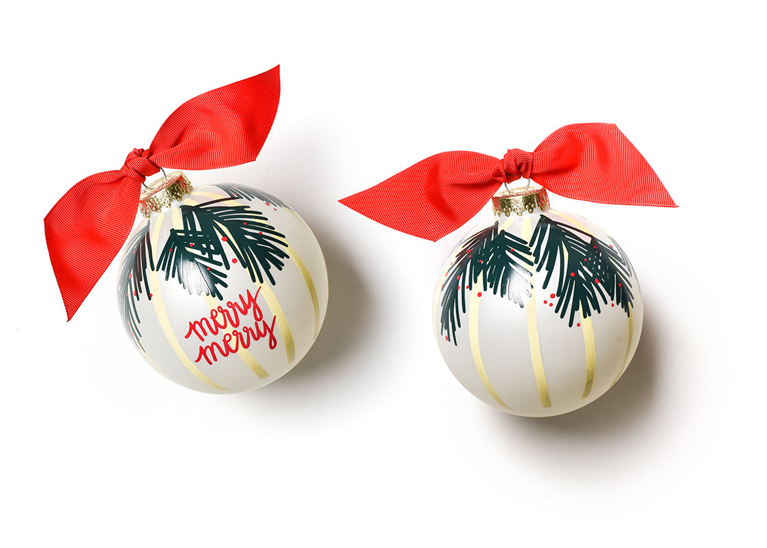 Front and Back View of Balsam Merry Merry Glass Ornament Placed Side by Side