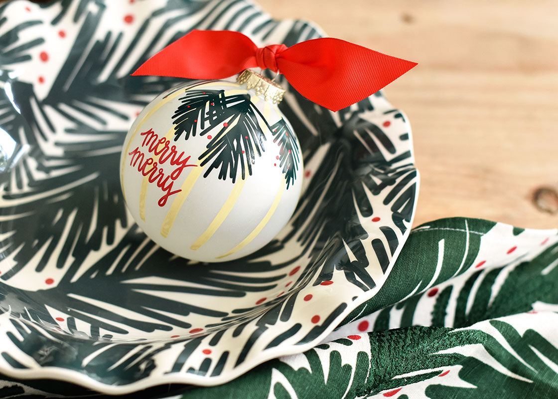 Front View of Balsam and Berry Ornament in Ruffle Bowl