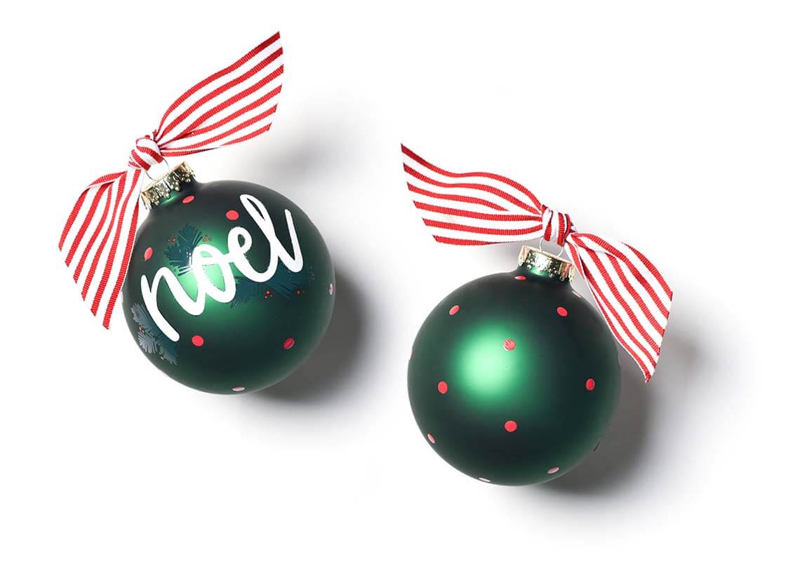Front and Back View of Balsam Noel Glass Ornament Placed Side by Side