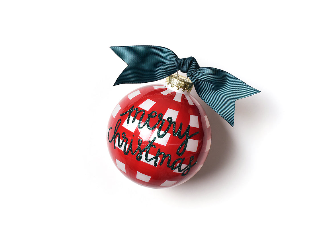 Front View of Merry Christmas Gingham Glass Ornament