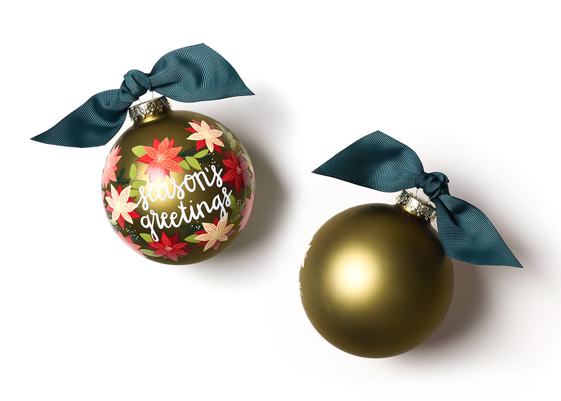 Front and Back View of Seasons Greetings Poinsettia Glass Ornament Placed Side by Side