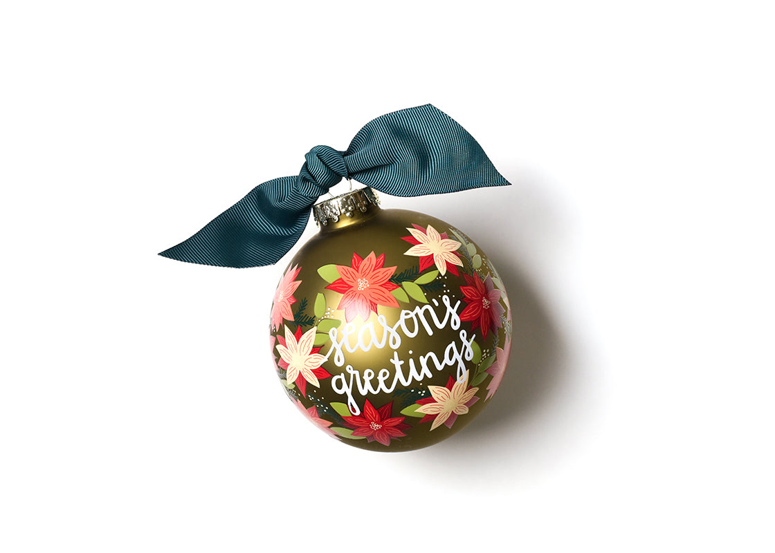 Front View of Seasons Greetings Poinsettia Glass Ornament