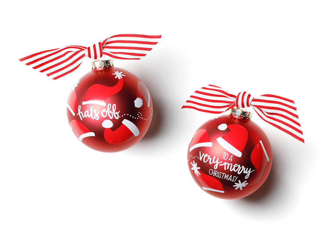 Front and Back View of Hats Off Glass Ornament Placed Side by Side