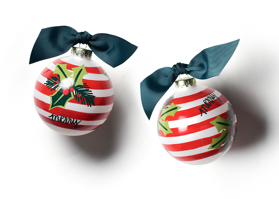 Front and Back View of Holly Stripe Glass Ornament Placed Side by Side