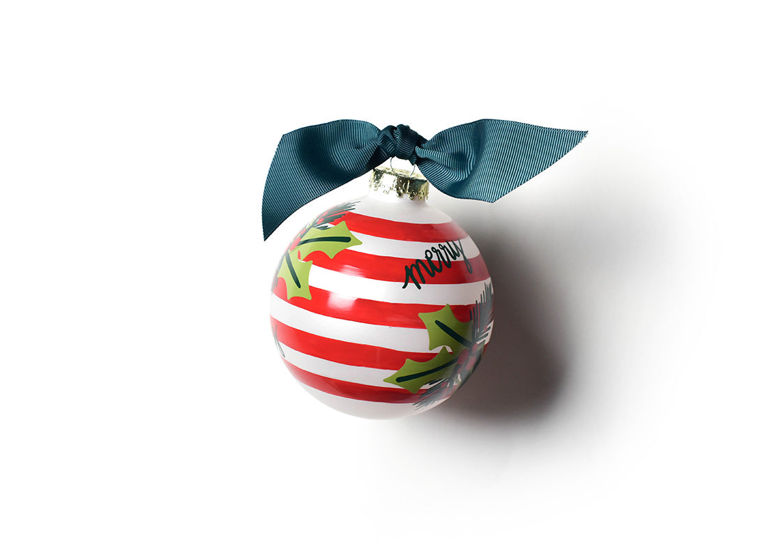 Back View of Holly Stripe Glass Ornament Showing Design Details
