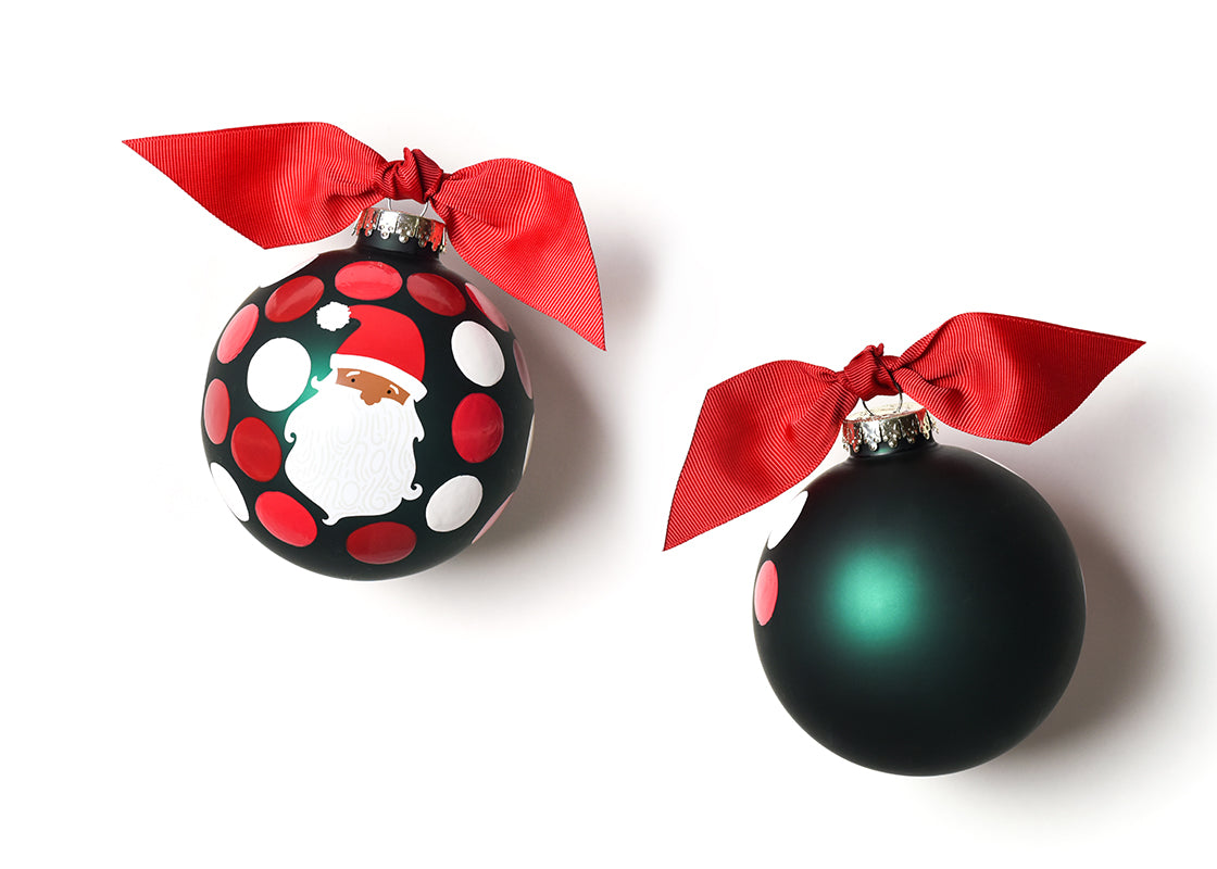 Front and Back View of Brown Skin Ho Ho Santa Glass Ornament Placed Side by Side