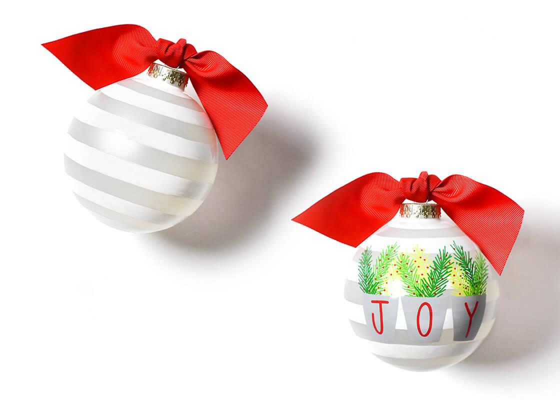 Front and Back View of Joy Branches Glass Ornament Placed Side by Side