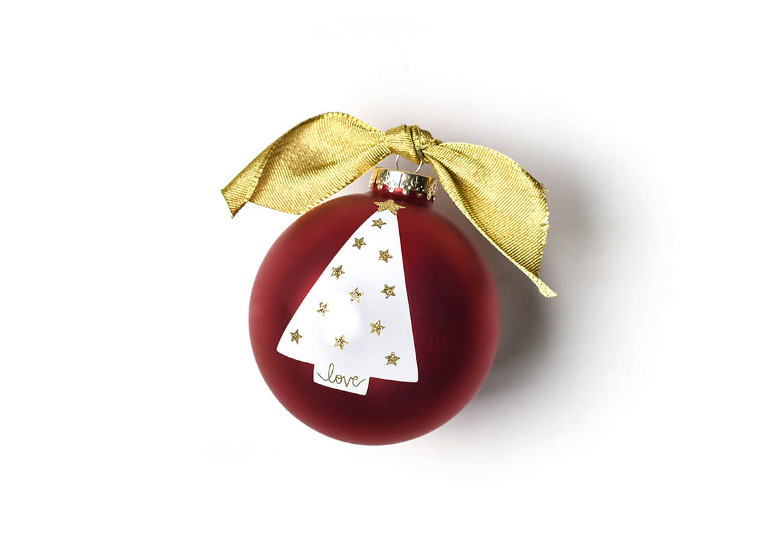 Front View of Peace Love Joy Luminary Tree Glass Ornament Featuring the Message "Love" in Our Branded Handwriting