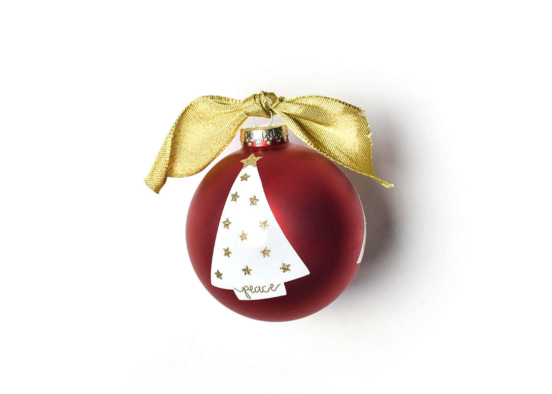 Left Side View of Peace Love Joy Luminary Tree Glass Ornament Featuring the Message "Peace" in Our Branded Handwriting