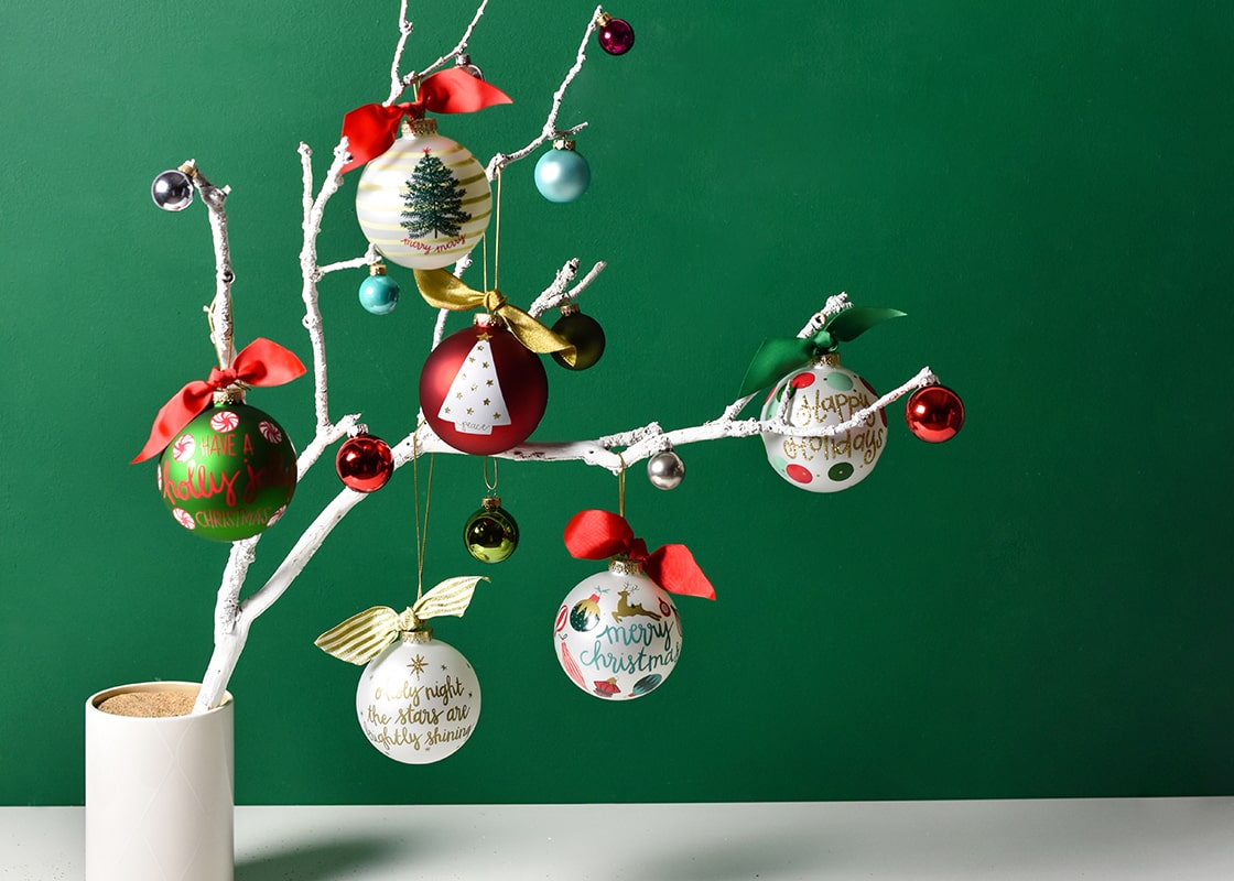 Front View of Peace Love Joy Luminary Tree Christmas Ornament Decorating White Branches with Other Festive Holiday Ornaments
