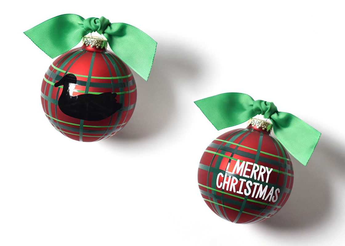 Front and Back View of Merry Christmas Duck Decoy Glass Ornament Placed Side by Side