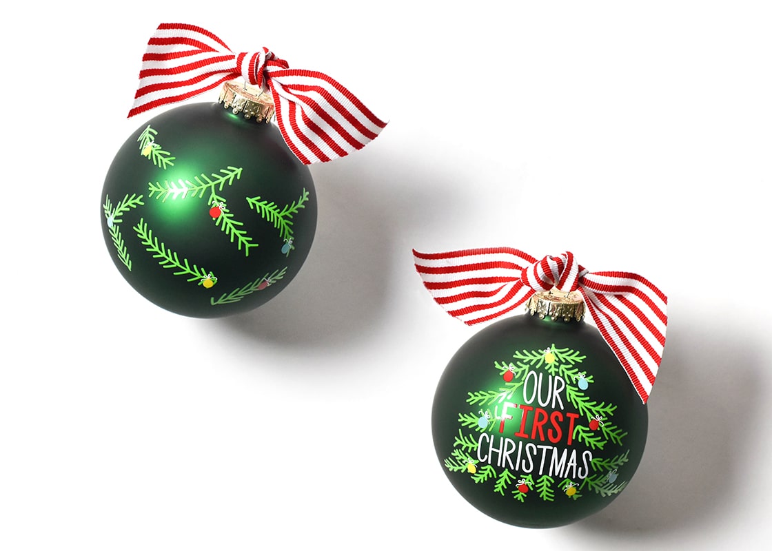 Front and Back View of Our First Christmas Tree Glass Ornament Placed Side by Side