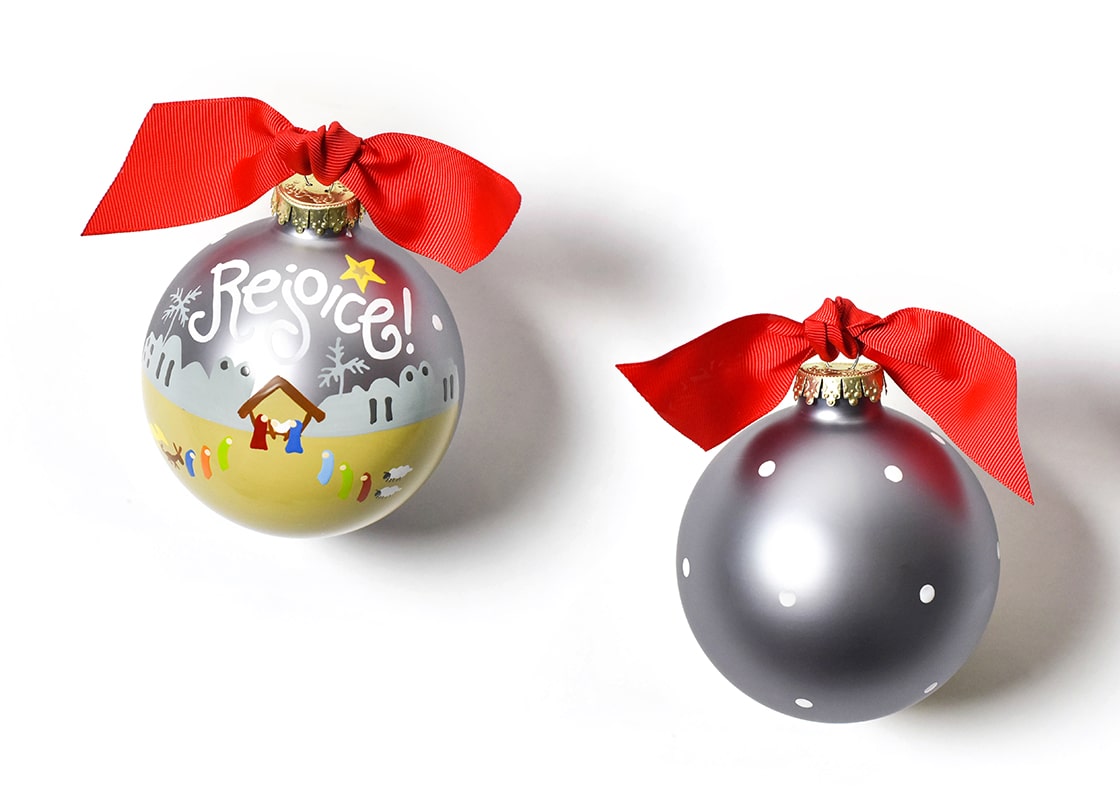 Front and Back View of Rejoice Nativity Glass Ornament Placed Side by Side