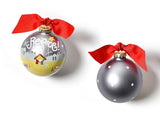 A Red Bow Tops Silver Glass Nativity Ornament White Writing Rejoice