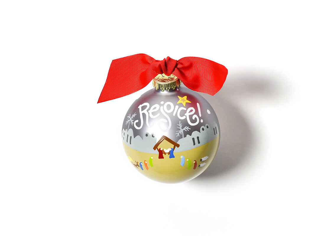 Front View of Rejoice Nativity Glass Ornament