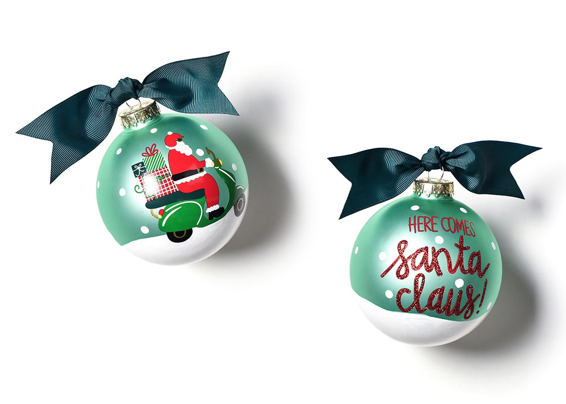 Front and Back View of Here Comes Santa Claus Glass Ornament Placed Side by Side