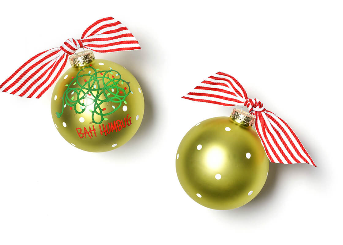 Front and Back View of Tangled Christmas Lights Glass Ornament Placed Side by Side