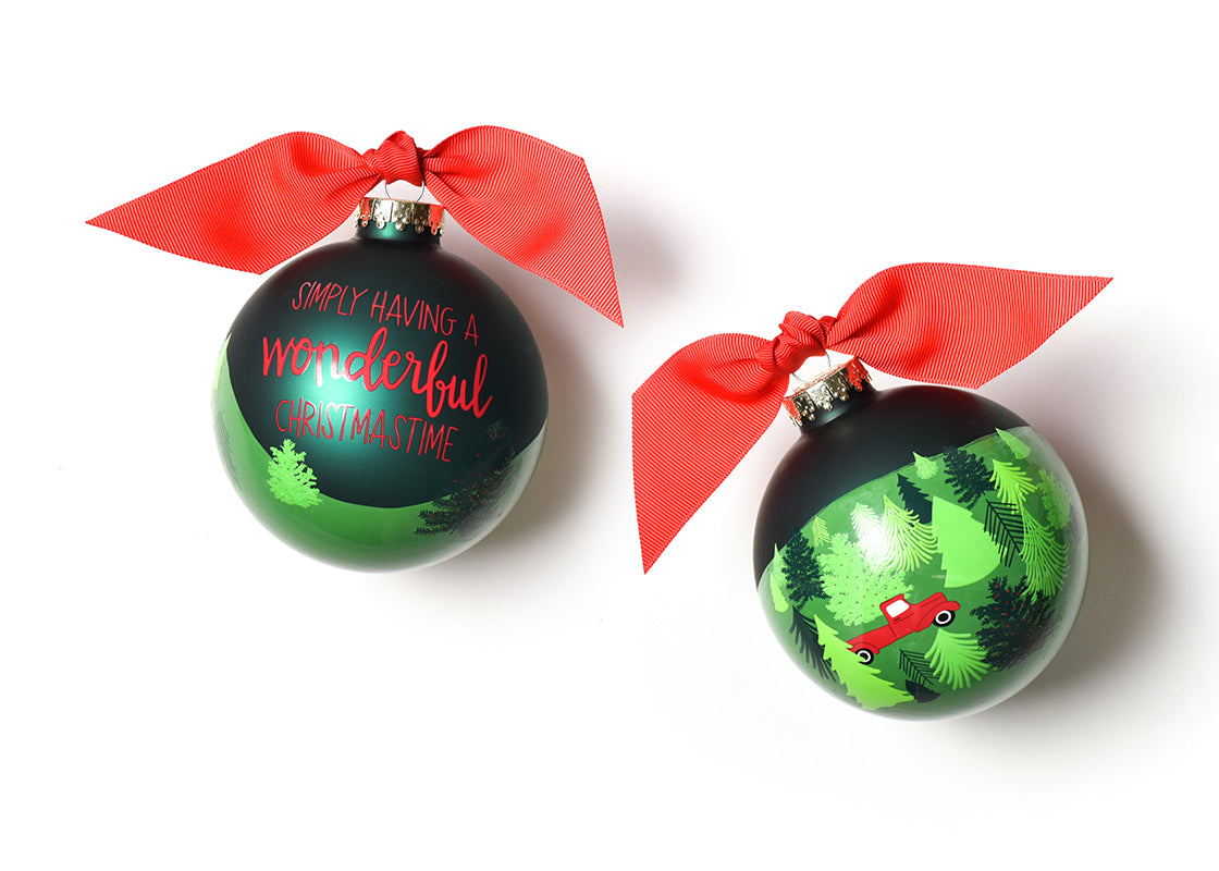 Front and Back View of Truck on a Tree Farm Glass Ornament Placed Side by Side