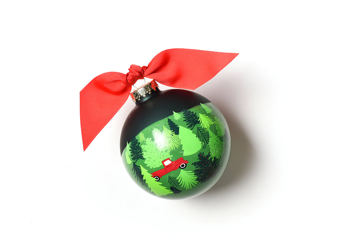 Front View of Truck on a Tree Farm Glass Ornament Showing Design Details
