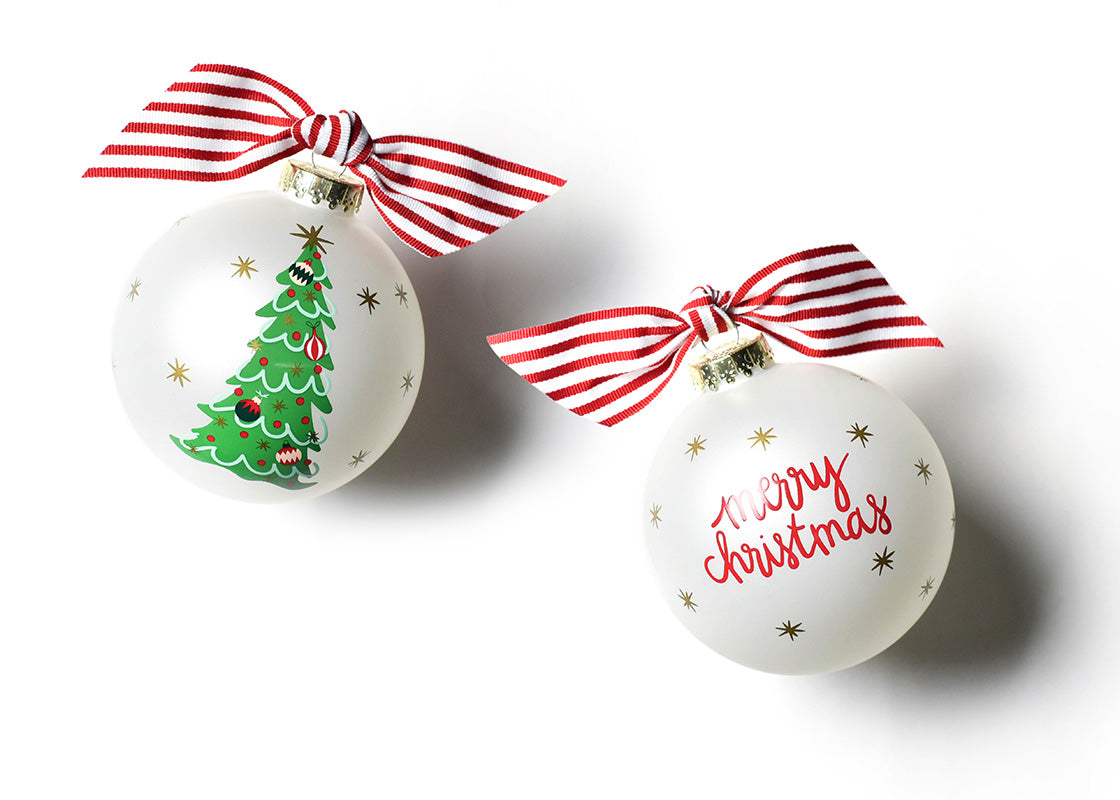 Front and Back View of Trimmed Tree Glass Ornament Placed Side by Side