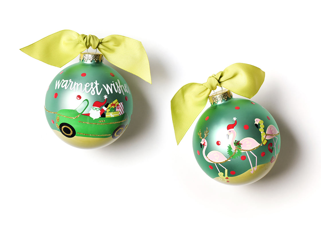 Front and Back View of Warmest Wishes Santa Glass Ornament Placed Side by Side