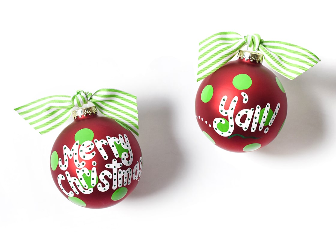 Front and Back View of Merry Christmas Y'all Glass Ornament Placed Side by Side